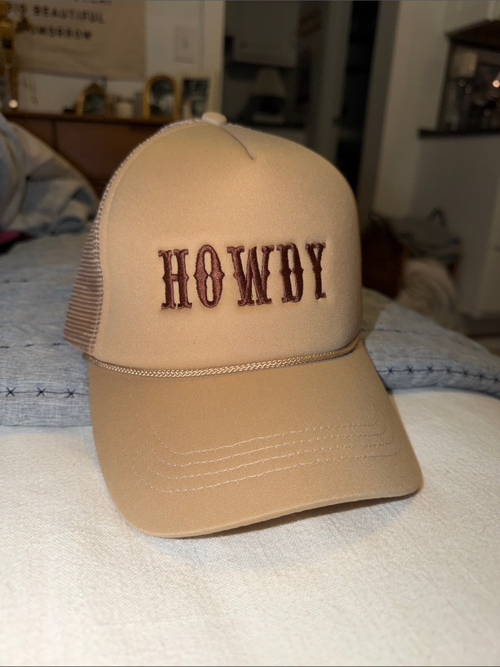 Altar'd State Tan Trucker Cap with Brown HOWDY Embroidery
